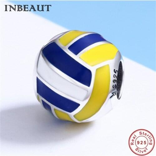 Lovely Volleyball Beads 925 Sterling Silver Blue Yellow Sports Ball Charm fit Europe Bracelet for Little Girls Jewelry Making