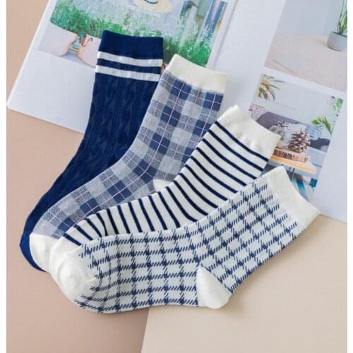 Fashion Style Cotton Socks Women Men Stripe Houndstooth Grid Printed Fuzzy Socks Casual Spring Autumn Breathable Ankle Socks