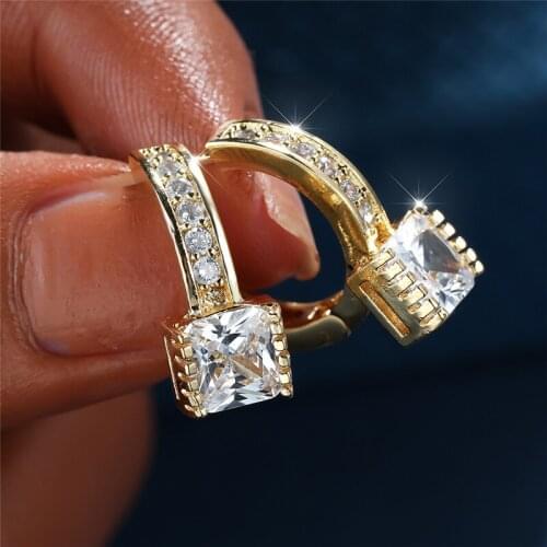 Trendy Female White Zircon Earrings Charm Gold Color Clip Earrings For Women Charm Bride Crystal Square Wedding Earrings