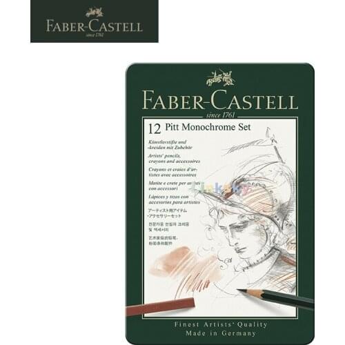 Faber-Castel 112975 PITT Monochrome Tin Set ,12 Piece,Graphite Pencils Crayons and Accessories , for Artist Quality Sketching