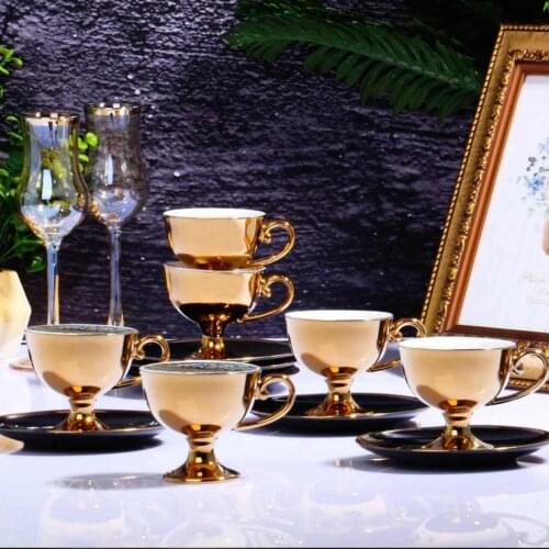 Luxury Gold Cup Set Porcelain 6 Piece Footed Gilding Bone China Creative Porcelain Cup And Saucer Ceramic Modern Design Coffee