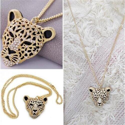 New Fashion Tiger Necklace Crystal Head Leopard Necklaces Pendants Vintage Retro Long Sweater Necklace For Women Jewelry Gift
