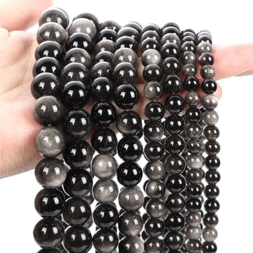 Natural Stone Silver Obsidian Round Loose Spacer Beads For Jewelry Making Bracelet DIY Necklace Charm Accessories Strand 6-12MM
