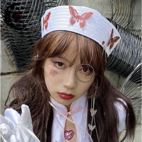 Japanese Harajuku Girls Butterfly Chain White Military Hats Navy Marine Cap Gothic Lolita Party Cosplay Hats