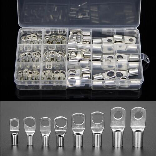 170/100/60Pcs Crimped/Soldered Terminal Kit Assortment SC Bare Terminals Tinned Copper Lug Ring Seal Wire Connectors Bare Cable