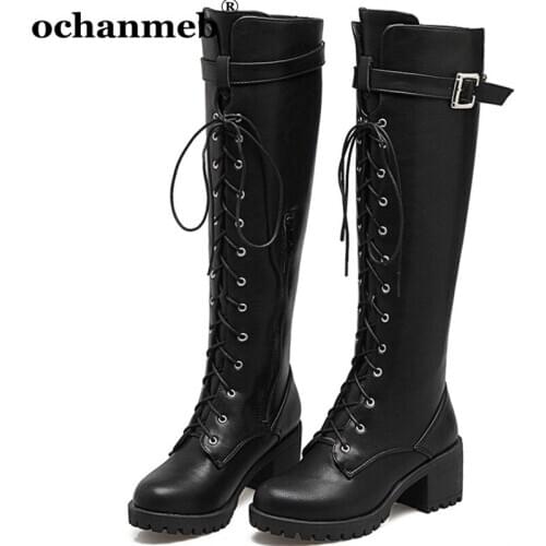 Thick Chunky Block Heels Military Boots Women Buckle Strap Lace up Zipper Knee High Boots Shoes Lady Woman Female Combat Boot 43