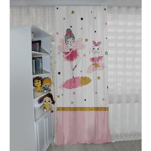 Pembe çocuk odası perdesi tavşanlı yıldızlı tüylü perde