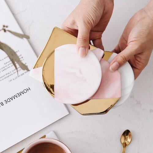 Homies Gold Marble Coasters Ceramic Coaster Tea Cup Pad Round Table Mat Coaster Coffee Pink grey Tea Cup Place Mats 1pc
