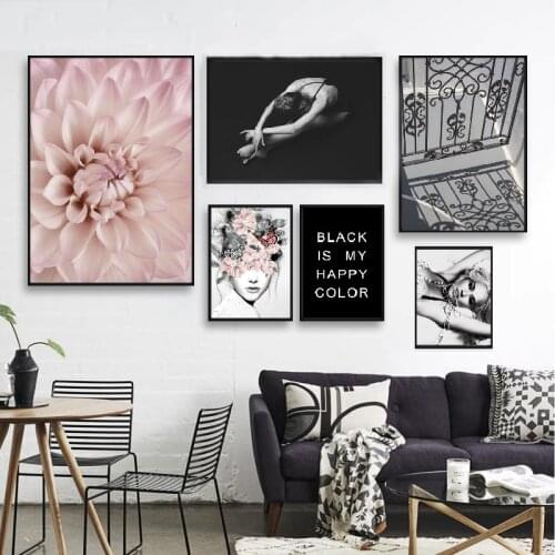 Nordic poster flower women black and white mural art oil painting and printing wall painting living room bedroom home decoration