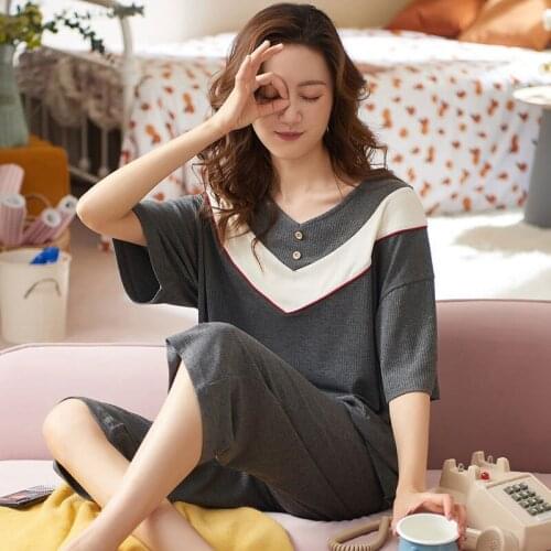 Casual New Short Sleeve Womens Pajamas Set 3/4 Pant Summer Home Clothes Modal Comfortable Pijamas Suit Sleeping Pyjama Femme