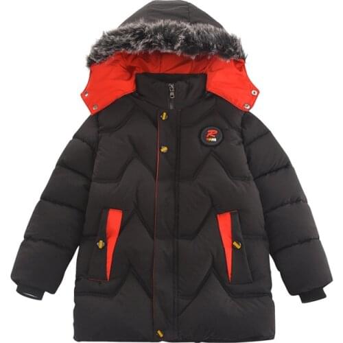 2021 boys winter new Korean version plus velvet thick hooded down jacket, big childrens high round neck warm padded jacket, tod