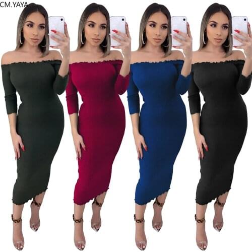 CM.YAYA Women Solid Color Off Shoulder Slash Neck Knitted Bodycon Midi Maxi Dress Sexy Party Vintage Long Pencil Dresses