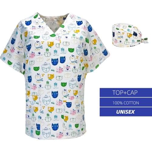 Unisex Medical Scrub Top and cap Nursing Uniform for Women Men Lab Dentist Clinic Doctors Nurse Spa Scrubs Tops Range XS-4XL