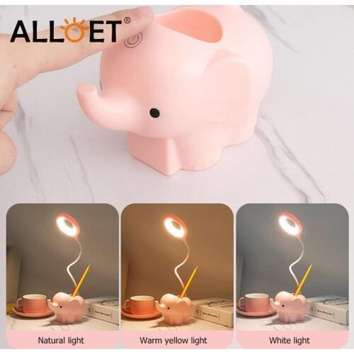USB LED Desk Lamp Bright Reading Light Eye Protection Students Folding Cartoon elephant Night Light Pen Storage Holder Decor