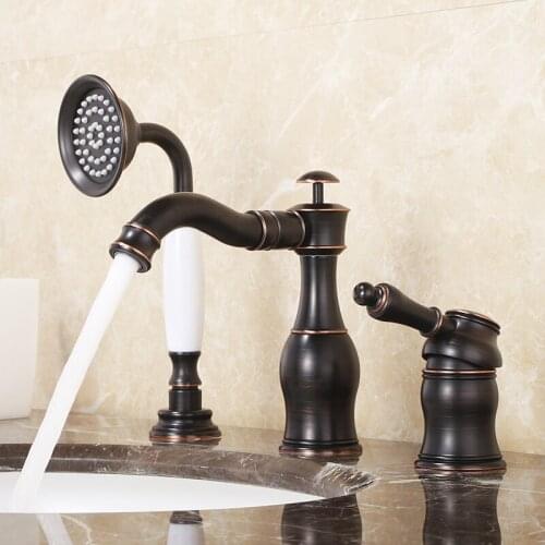 Bathroom Wash Basin Brass Mixer Taps Antique Black Three Holes Sink Faucet Dual Handles Bathtub Faucet Shower Set