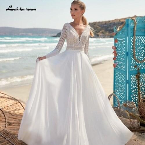 Vintage Long Sleeve Lace Wedding Dres V-Neck Floor length Boho Bohemian Bridal Gown Chiffon Simple Beach For Women Brides Cheap