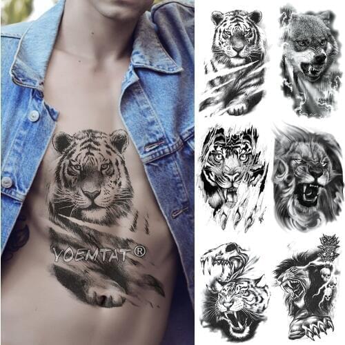 Sketch Tiger Temporary Tattoo Sticker Lion Wolf Waterproof Tatto Warrior Soldier Wings Body Art Arm Fake Tatoo Men Women