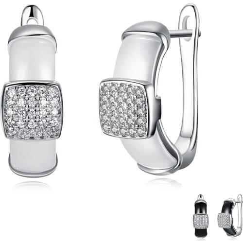 ZEMIOR Geometry Square Full Cubic Zirconia Clip Earrings Real Sterling Silver 925 Jewelry For Women Trendy Ceramics Earring