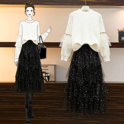2021 Women Autumn Winter Sweet Slim Suit Lady O-neck Sweater + High Waist Net Skirt 2 Piece Suit Female Casual Elegant Sets