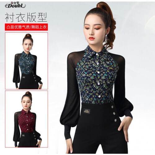 Doubl Latin Training Square Dance Top Womens New Ladies Dress Shirt Collar One-Piece Long Lantern Sleeve Ballroom Clothes