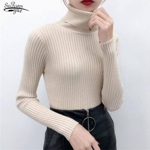 Casual Full Sleeve Knitted Women Sweater 2021 Autumn Winter Lady Office Solid Turtleneck Elegant Soft Female Pullover New 6033