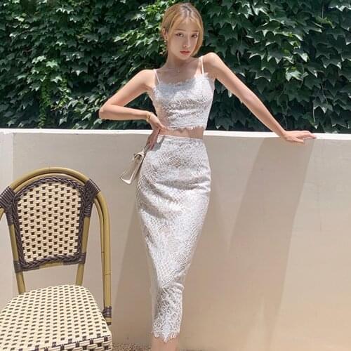 Vintage Sexy Crop Strap Sleeveless Short Shirt Blouse Top Women Fashion Korean Casual Lace White High Waist Skirt 2 Pieces Set
