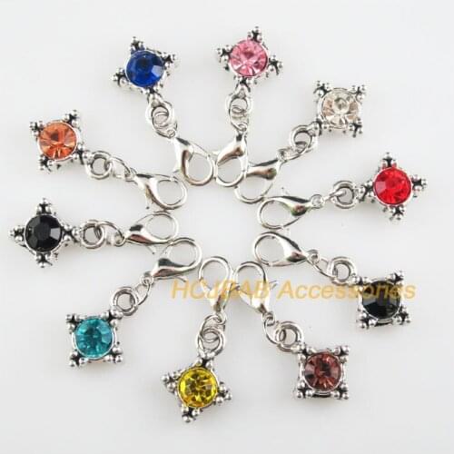 10 New Cross 13x17mm Charms Mixed Round Crystal Tibetan Silver Plated Retro With Lobster Claw Clasps