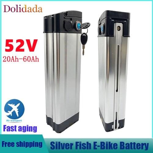 52V 20ah 30ah 40ah 50ah 60ah Silver fish style Electric Bike battery 52V lithium battery with Aluminum case anti-theft lock