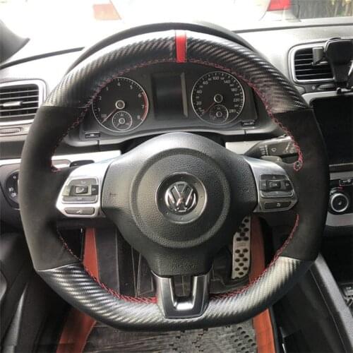 3D/5D Carbon Fiber&Black Suede Leather Steering Wheel Hand Sewing Wrap Cover Fit For Volkswagen Golf 6 GTI MK6/ Scirocco R