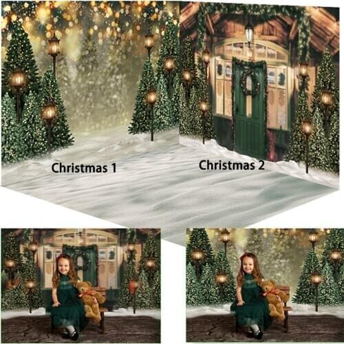 Wooden Christmas House Snow Backdrops For Photography Dark Green Door Photographic Studio Photo Backgrounds Christmas Tree Decor