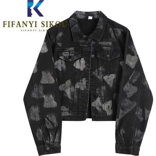 Jeans Jacket Women Streetwear Fashion Graffiti Tie Dye Black Short Denim Jackets Pocket Lapel Loose Jeans Coat Female 2021 New