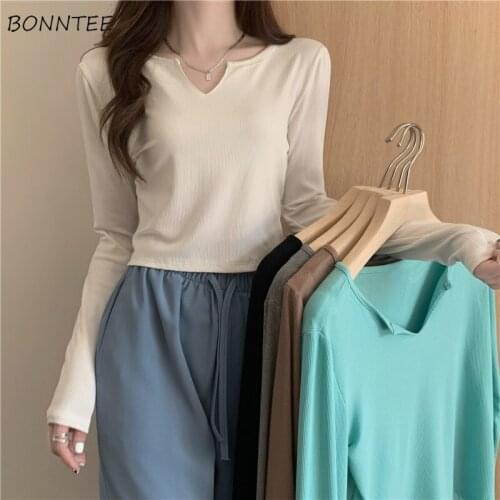 Long Sleeve T-shirts Women Early Autumn Design Crop Top V-neck Casual All-match Candy Colors Sexy Navel Solid Simple Basic Mujer