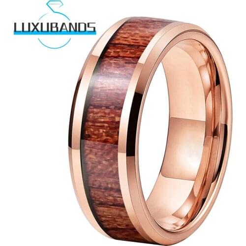 8MM Rose Gold Tungsten Carbide Rings For Men Women Beveled Edges Rose Wood Inlay Wedding Bands Polished Finished Comfort Fit