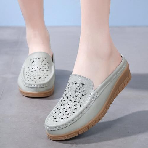 2021 new womens shoes, leather, tendon sole, Baotou, hollow wedges, mother shoes, non-slip and breathable casual shoes