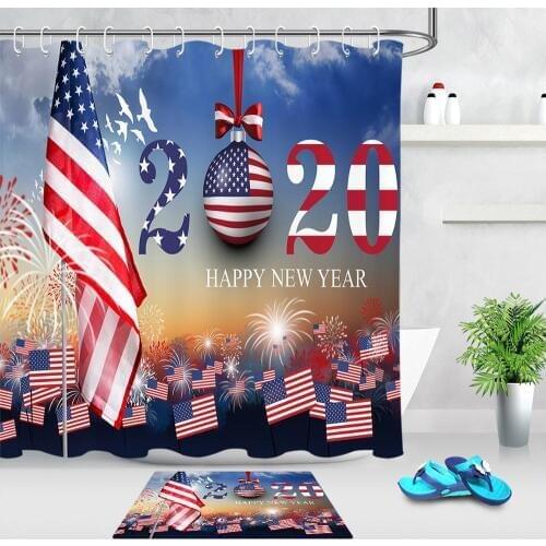 New Year 2020 Creative Shower Curtain American Flag Fireworks Holiday Family Decoration Bathroom Shower Curtain with Hooks