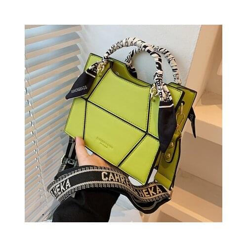 Fashion Splice design women handbag pu leather Wide Strap female Shoulder Bags small Brand design Scarves ladies tote green