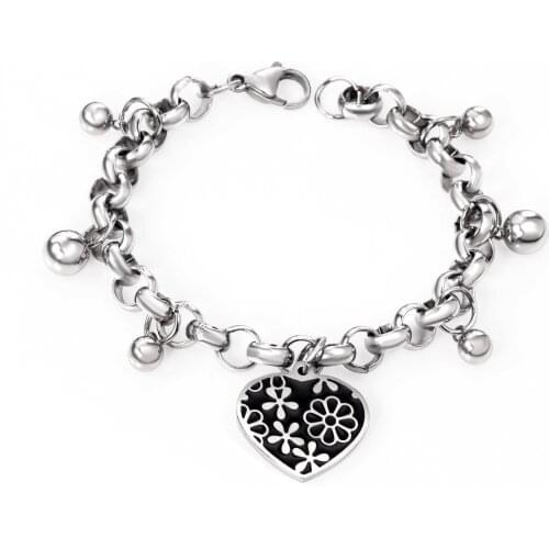 Fashion Enamel Black Flower Love Heart Dangle Charm Necklace Stainless Steel Round Chain Cuff Bracelet for Women Lady Best Gift