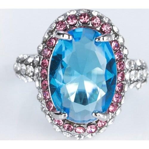 Milangirl Fashion Ladies Blue Oval Crystal Wedding Ring Band Engagement Party Women Luxury CZ Zircon Rhinestone Wedding Jewelry