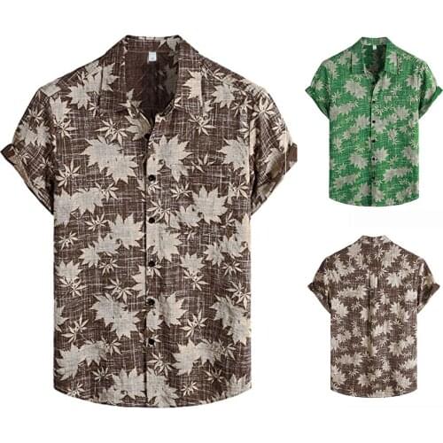 Plus Size Mens Shirts Casual Turn-Down Collar Retro Maple Leaf Printed T-shirt Top Cotton-Linen Shirts Outwear Men Beach Shirts