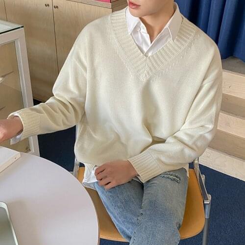 Outerwear Clothes Vingtage Basic Tops Male Mens V-Neck Sweater Korean Fashion Spring and Autumn Loose Knitted Thin