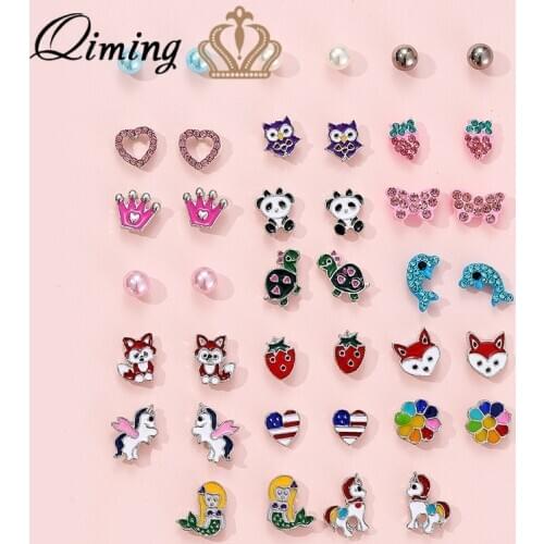 20pairs Lovely Baby Kids Children Earrings Unicorn Mermaid Pearl Crystal Crown Statement Jewelry Stud Earrings Set Birthday Gift