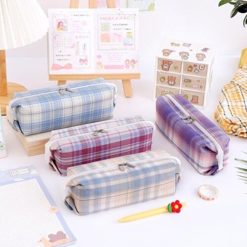New plaid canvas large capacity student pencil case multifunctional stationery storage bag school office supplies
