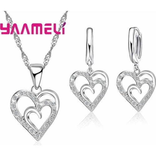925 Sterlng Silver Jewelry Sets Pendant Necklace&Earrings Elegant Romantic Love Shape Cubic Zirconia For Women Wedding