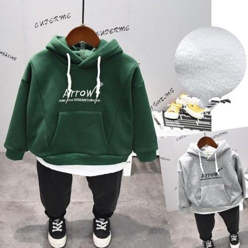 2-7 Years Toddler Boys Hoodies Set 2020 Autumn Winter Kids Fashion Warm Suits Letter Fake Two Sweaters Velvet Jeans 2pcs For Boy