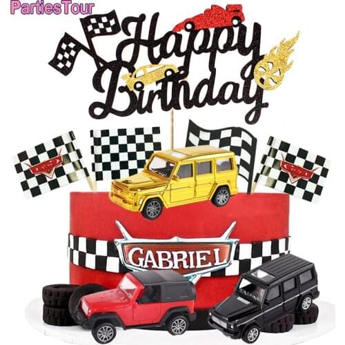 Race Car Cake Topper Happy Brithday Cake Topper Black White Checkered Flag Racecar Theme Party Supplies Race Cake Decorations