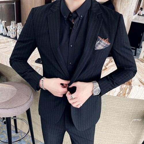 Spring Fashion Handsome Vertical Striped Men Suits Slim Fit Groom Tuxedo For Wedding Dress Business Party Costume (Jacket+Pants)