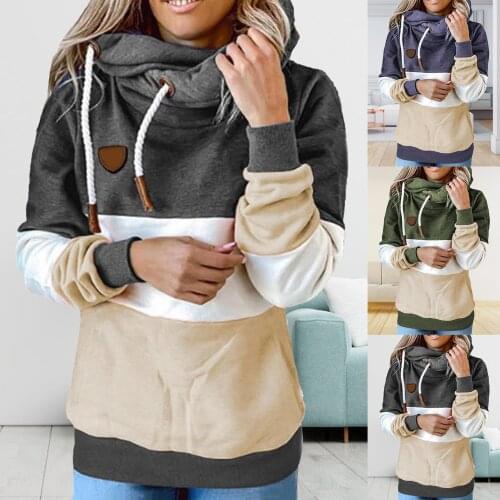 Women Autumn Winter Long Sleeve Color Block Drawstring Hooded Sweatshirt Hoodie Long Sleeve Pullover Top Blouse For Female