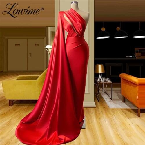 One Shoulder Red Carpet Party Dresses 2021 Customized Satin Arabic Long Mermaid Prom Dress Dubai Women Eveing Gowns Robes Soirée