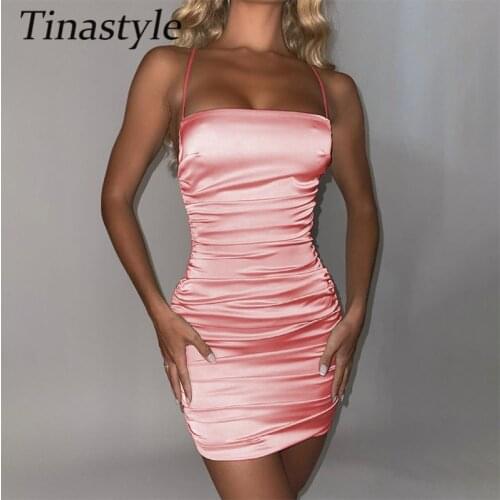 Tinastyle Diamond Chain Satin Sexy Dress Women Black Strapless Backless Bodycon Ruched Dress Summer 2021 Y2K Party Clubwear