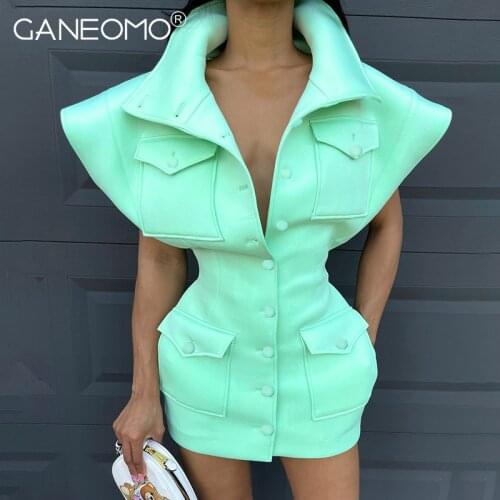 Elegant Short Sleeve Bodycon Dresses for Women Fashion Green Pink Black Pocket Cargo Robe Casual Button Up party 2021 Mini Dress
